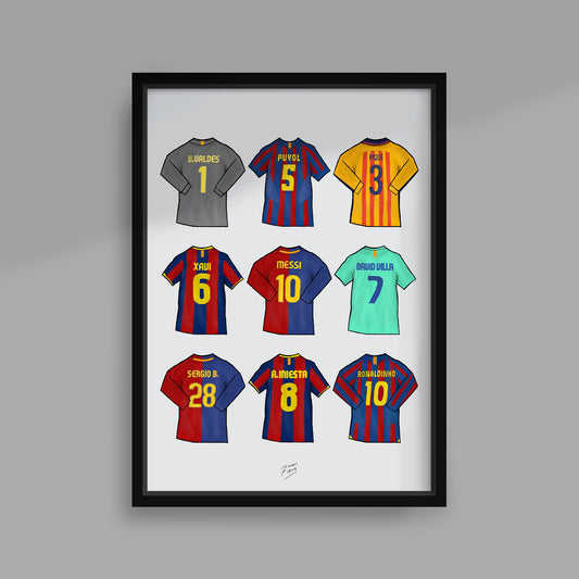 Barcelona themed football print featuring names such as Victor Valdez, Carlos Puyol, Gerard Pique, Xavi, Lionel Messi, David Villa, Sergio Busquets, Andres Iniesta & Ronaldinho. Iconic names, iconic shirts. 