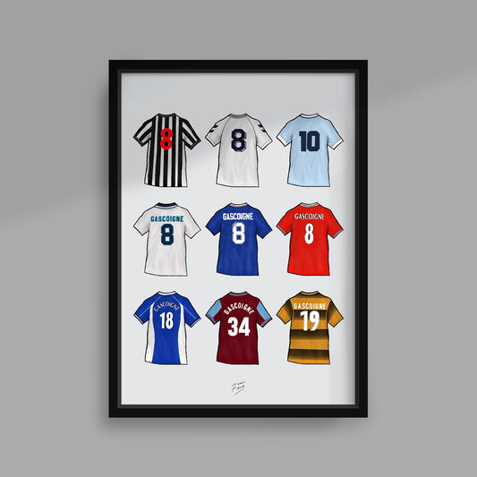 Paul Gascoigne Shirts Handmade Illustrated Football A4 Poster Print