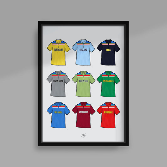 Poster print inspired by the Cricket jerseys from the 1992 World Cup final. Iconic shirts, top countries. A great piece of memorabilia