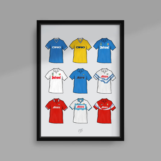 Retro Napoli Football Themed Print Featuring Iconic Shirts