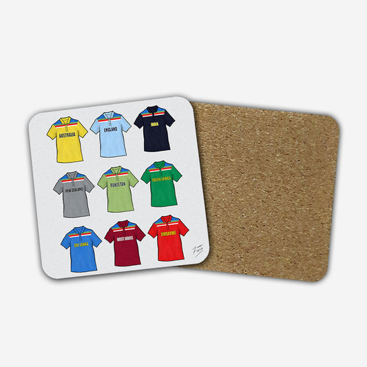 Coaster with artwork inspired by the cricket shirts of the 1992 World Cup