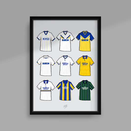 Retro Leeds United Themed Print Featuring Iconic Shirts
