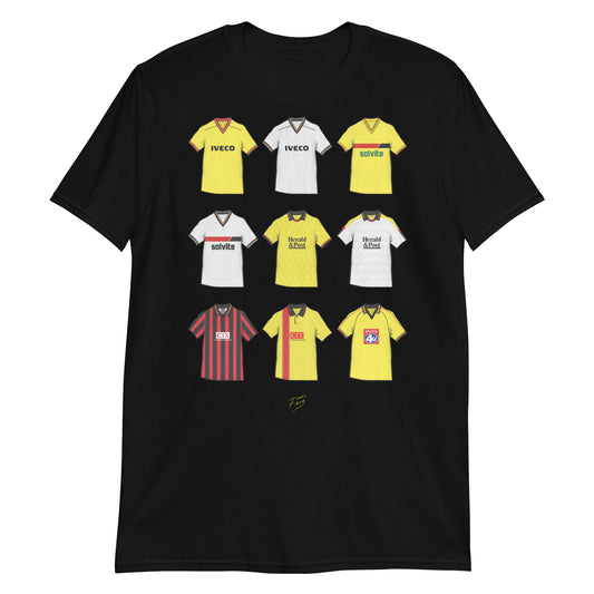 Black Watford themed football t-shirts inspired by their retro jerseys of the past!