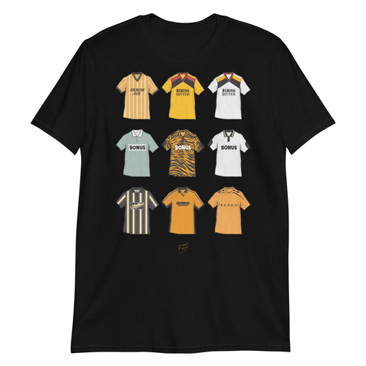 Black Hull City themed football t-shirt featuring artwork of some of the most iconic jerseys in the history of the club