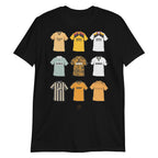 Black Hull City themed football t-shirt featuring artwork of some of the most iconic jerseys in the history of the club