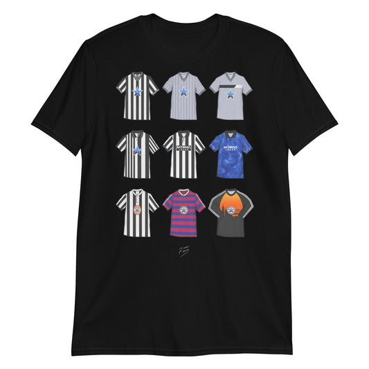Black T-shirt inspired by Newcastle United jersey's of the past, retro Iconic designs