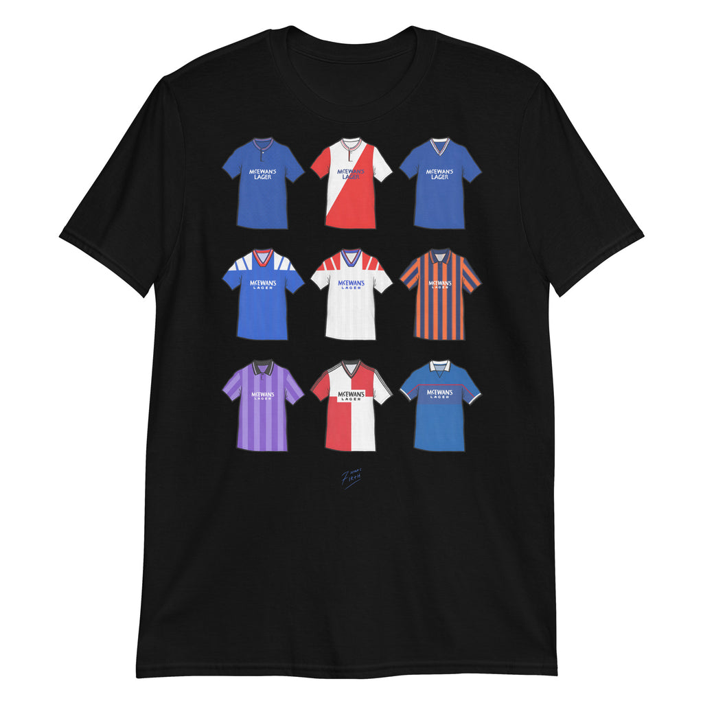 Black Glasgow Rangers themed t-shirt which features artwork inspired by famous jerseys from the clubs history