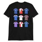 Black Glasgow Rangers themed t-shirt which features artwork inspired by famous jerseys from the clubs history