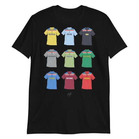 Black Cricket T-shirt with illustrated artwork on them. Featuring nations Australia, England, India, New Zealand, Pakistan, South Africa, Sri Lanka, West Indies & Zimbabwe