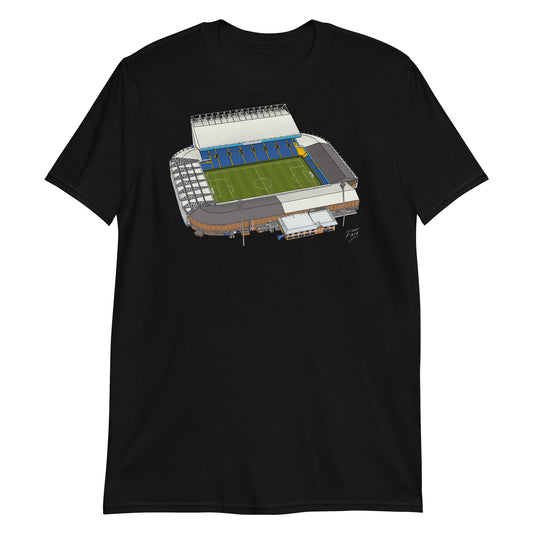 Black T-shirt inspired by the home of football in Leeds, Elland Road. A West Yorkshire favourite