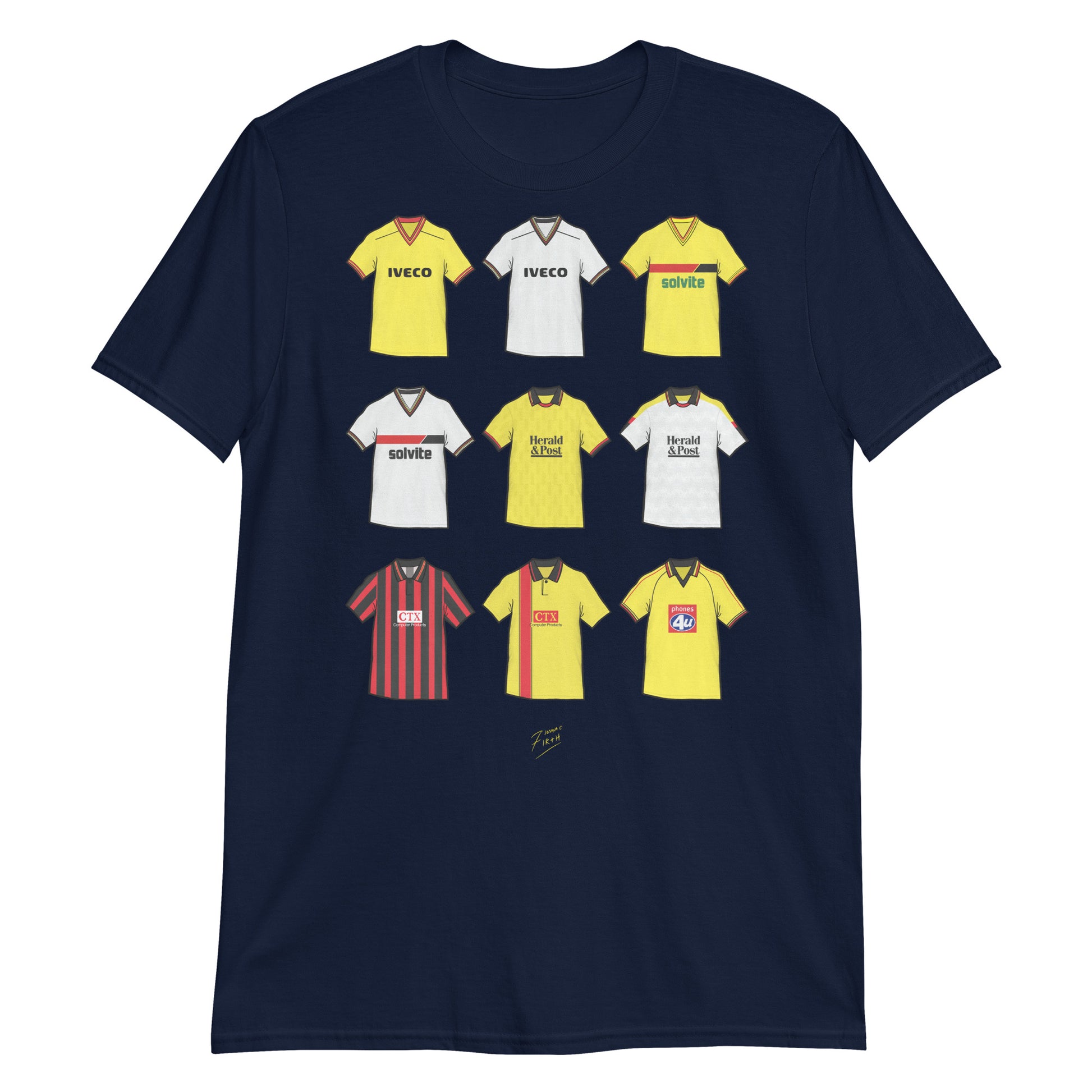 Navy Blue Watford themed football t-shirts inspired by their retro jerseys of the past!