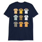 Navy Blue Hull City themed football t-shirt featuring artwork of some of the most iconic jerseys in the history of the club