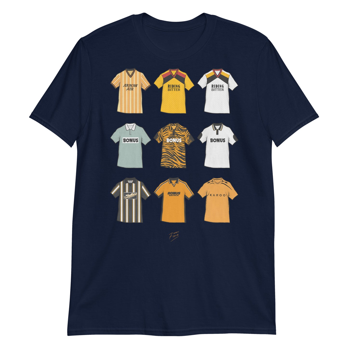 Navy Blue Hull City themed football t-shirt featuring artwork of some of the most iconic jerseys in the history of the club