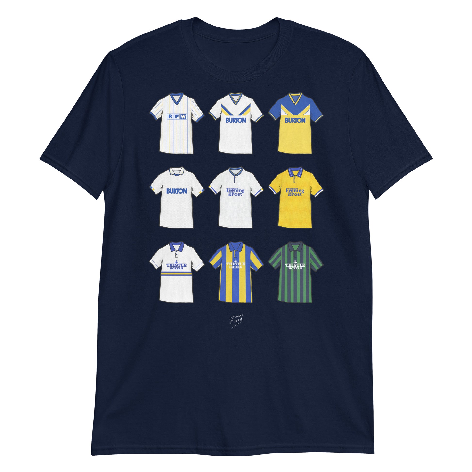 Navy Leeds United T-shirt featuring hand drawn retro shirts