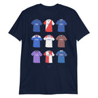 navy blue Glasgow Rangers themed t-shirt which features artwork inspired by famous jerseys from the clubs history