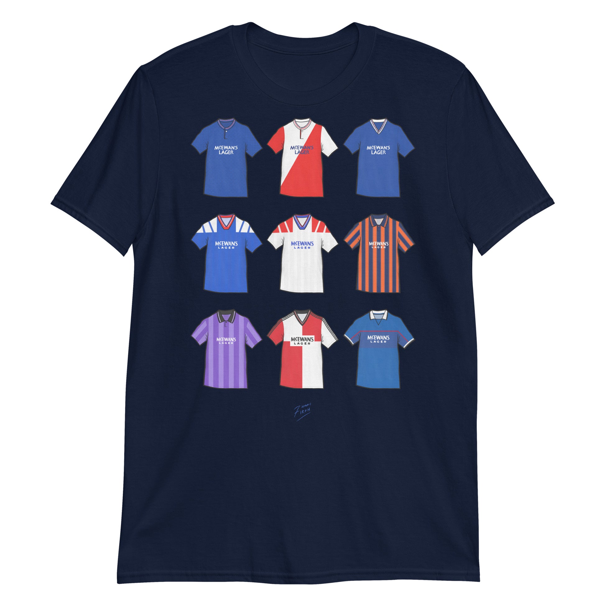 navy blue Glasgow Rangers themed t-shirt which features artwork inspired by famous jerseys from the clubs history