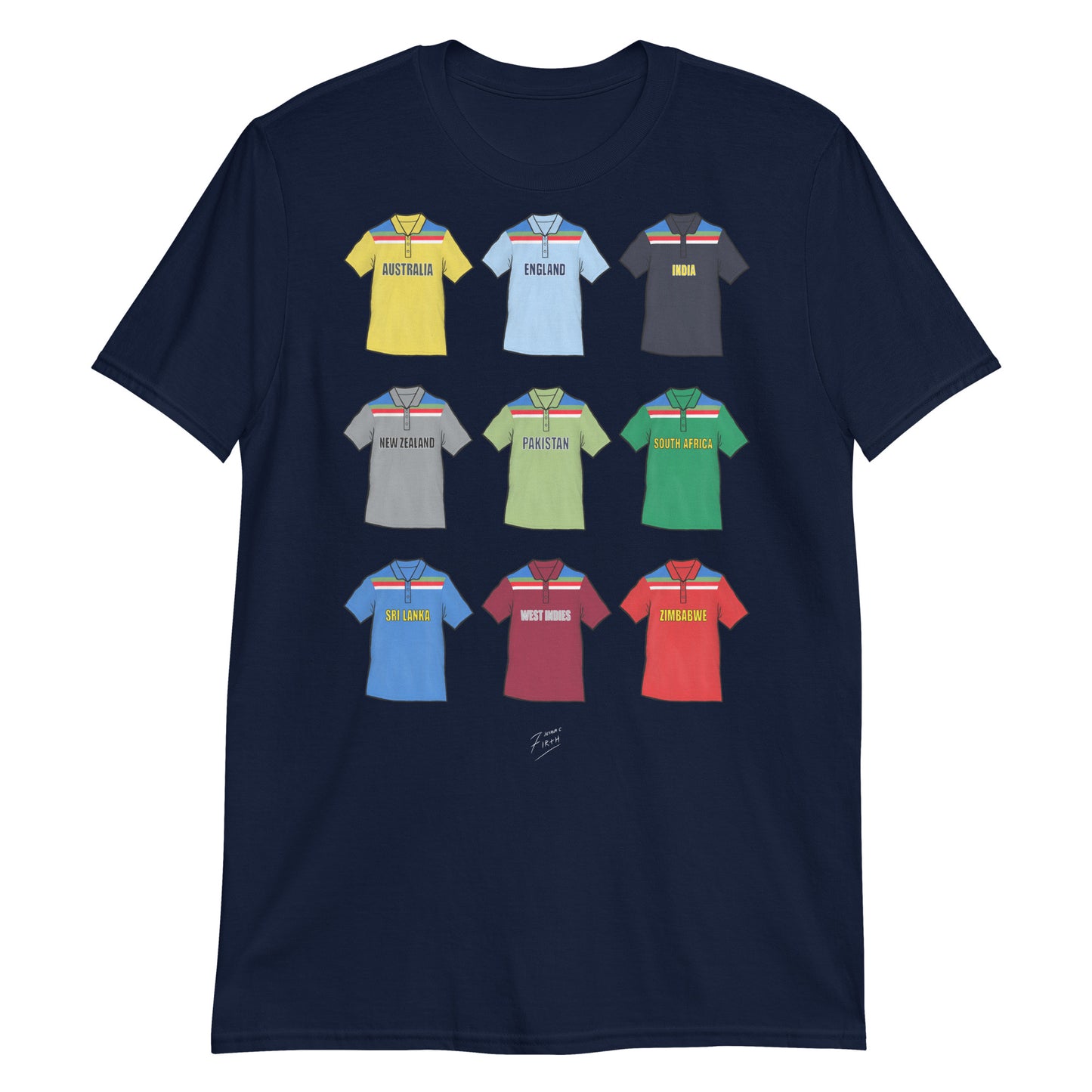 Navy Blue Cricket T-shirt with illustrated artwork on them. Featuring nations Australia, England, India, New Zealand, Pakistan, South Africa, Sri Lanka, West Indies & Zimbabwe