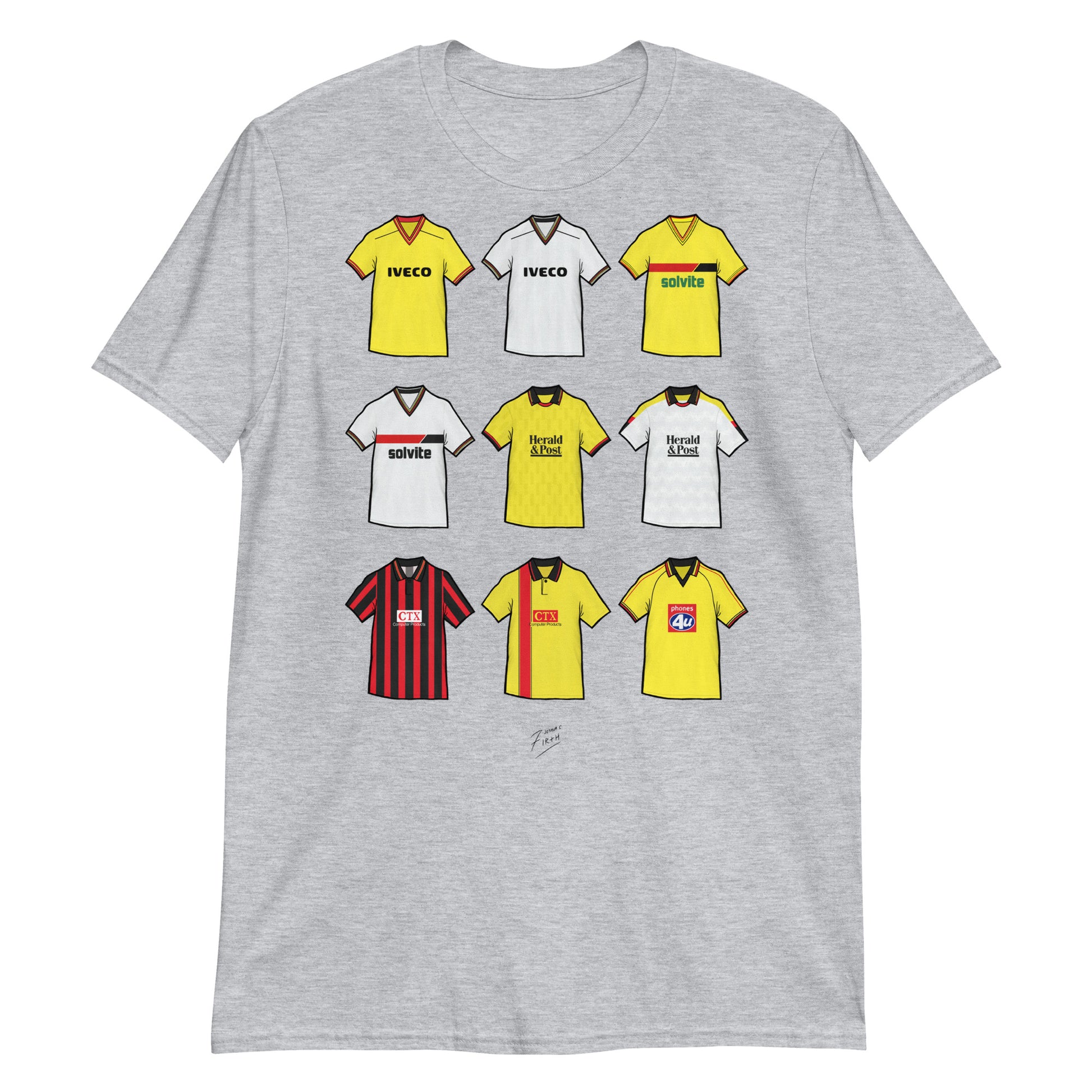 Light Grey Watford themed football t-shirts inspired by their retro jerseys of the past!
