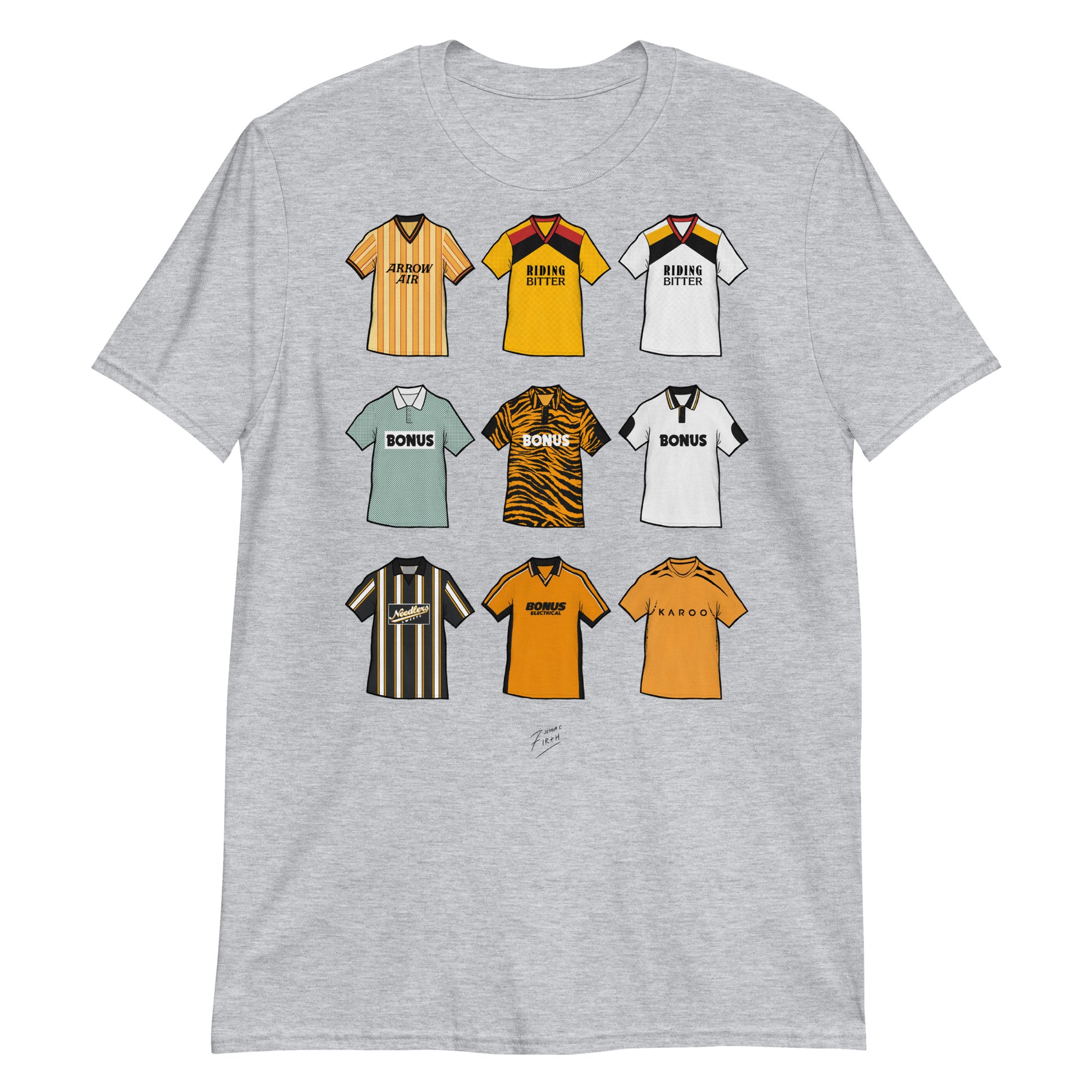 Light Grey Hull City themed football t-shirt featuring artwork of some of the most iconic jerseys in the history of the club