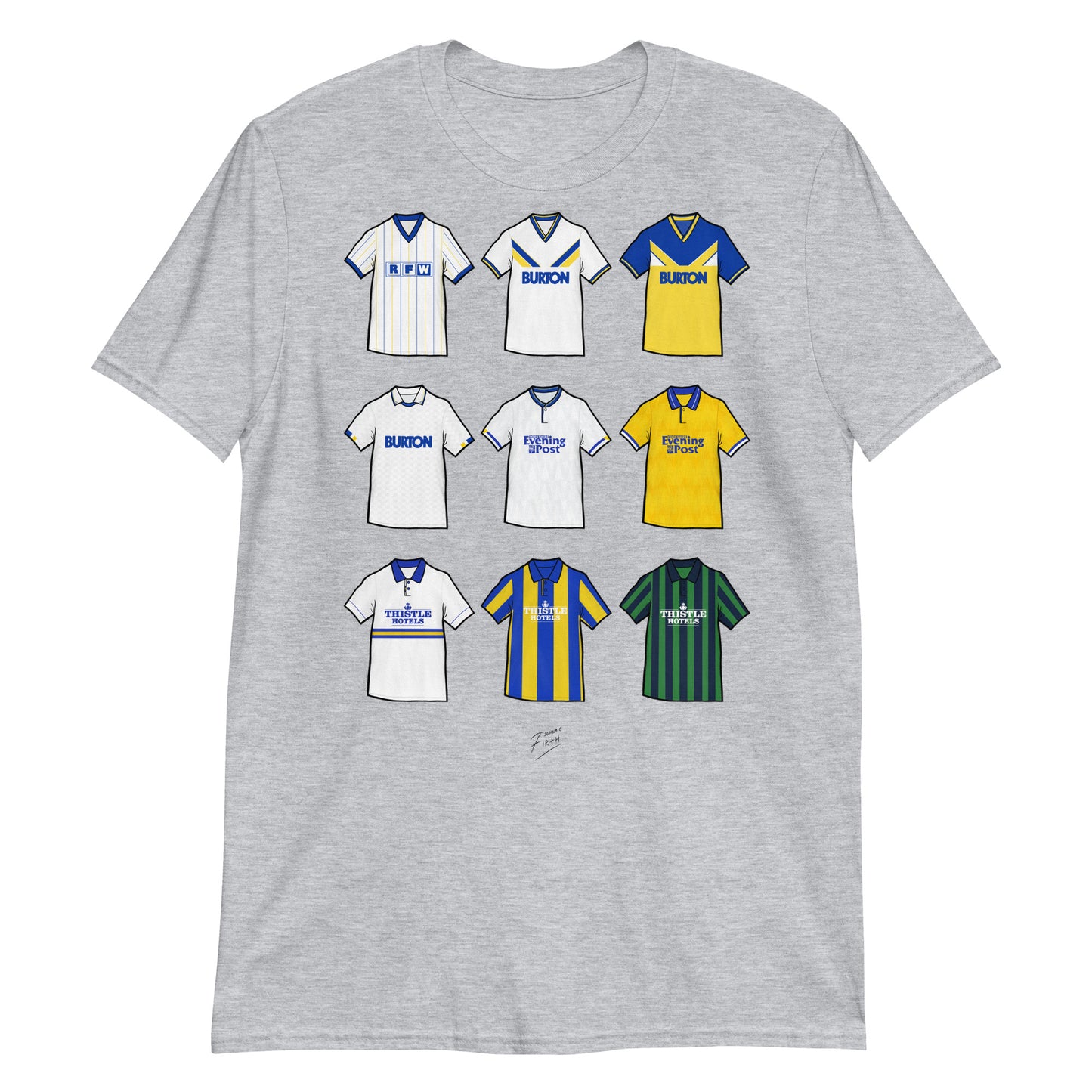 Grey Leeds United themed T-shirt featuring hand drawn retro shirts