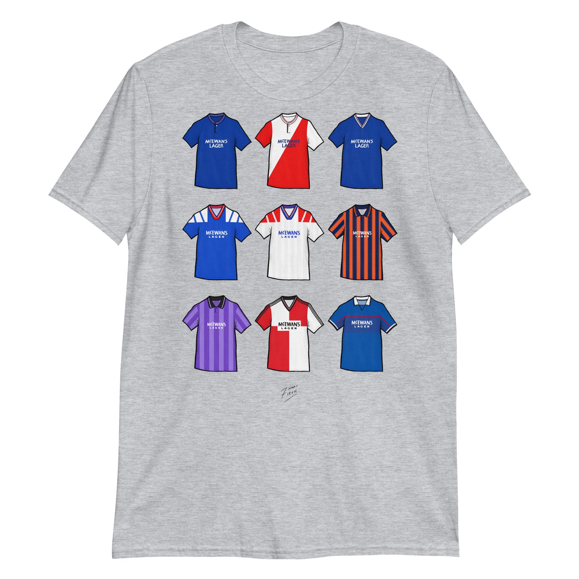 Grey Glasgow Rangers themed t-shirt which features artwork inspired by famous jerseys from the clubs history