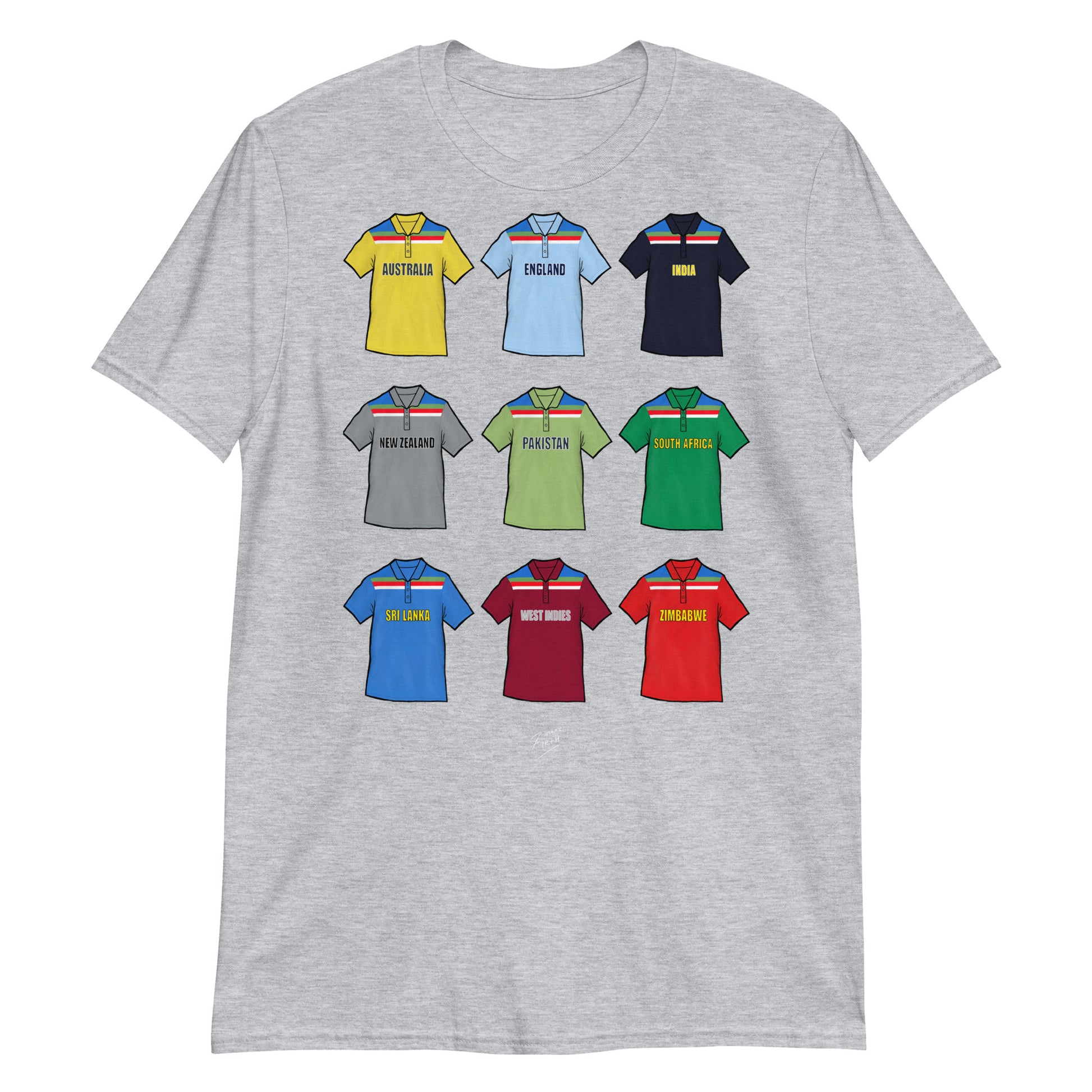 Light Grey Cricket T-shirt with illustrated artwork on them. Featuring nations Australia, England, India, New Zealand, Pakistan, South Africa, Sri Lanka, West Indies & Zimbabwe