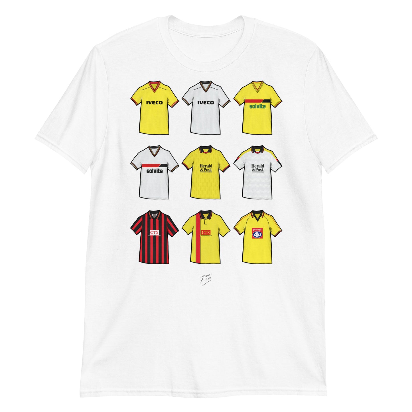 White Watford themed football t-shirts inspired by their retro jerseys of the past!
