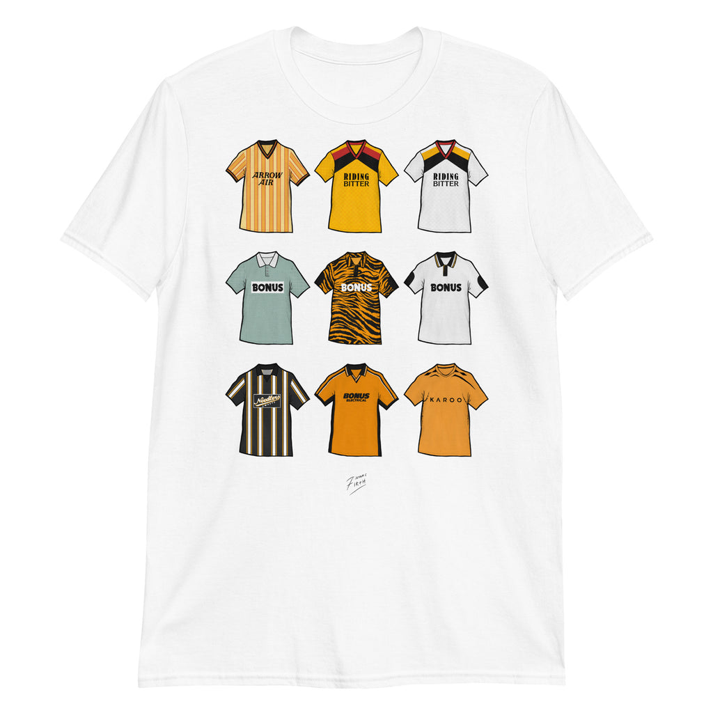 White Hull City themed football t-shirt featuring artwork of some of the most iconic jerseys in the history of the club