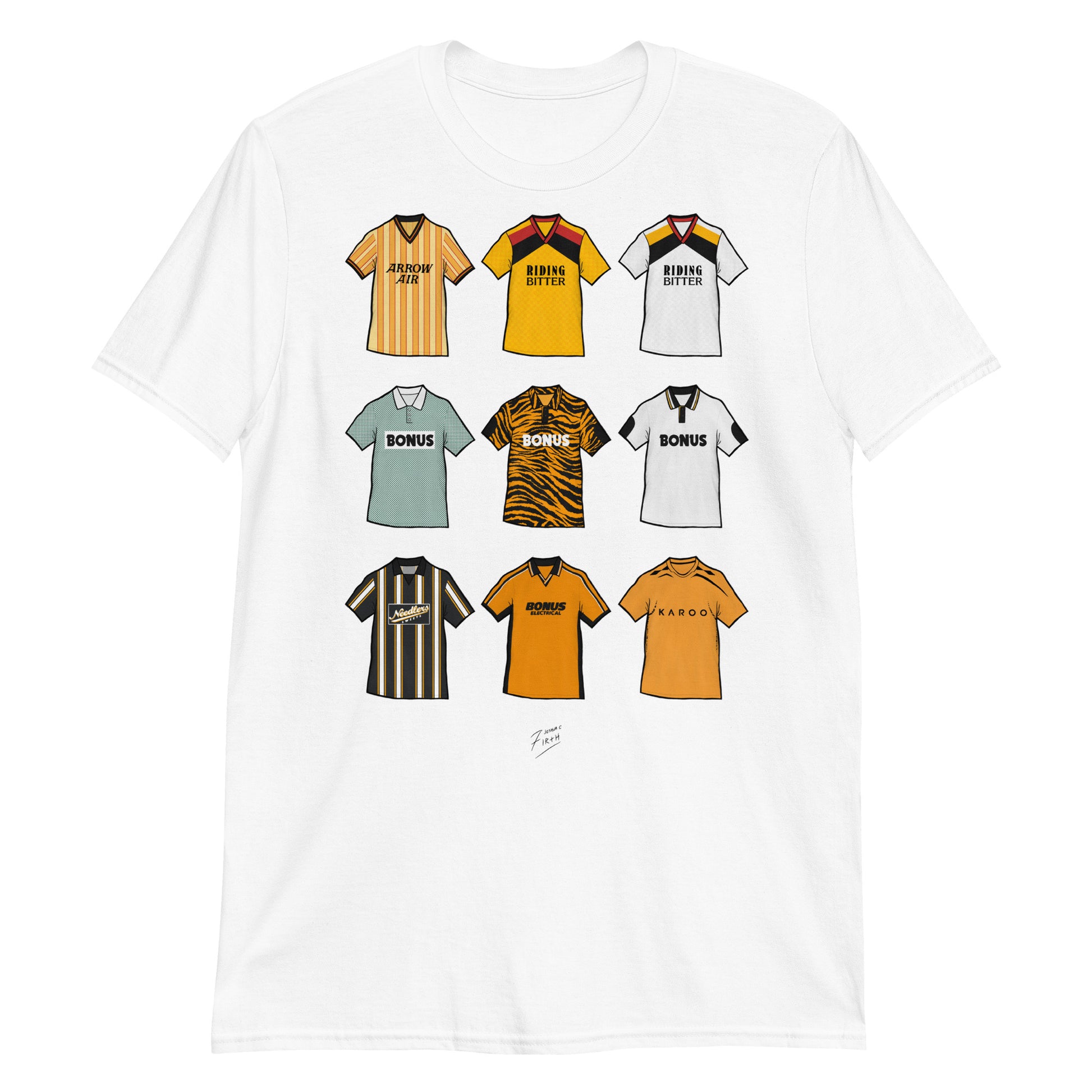 White Hull City themed football t-shirt featuring artwork of some of the most iconic jerseys in the history of the club