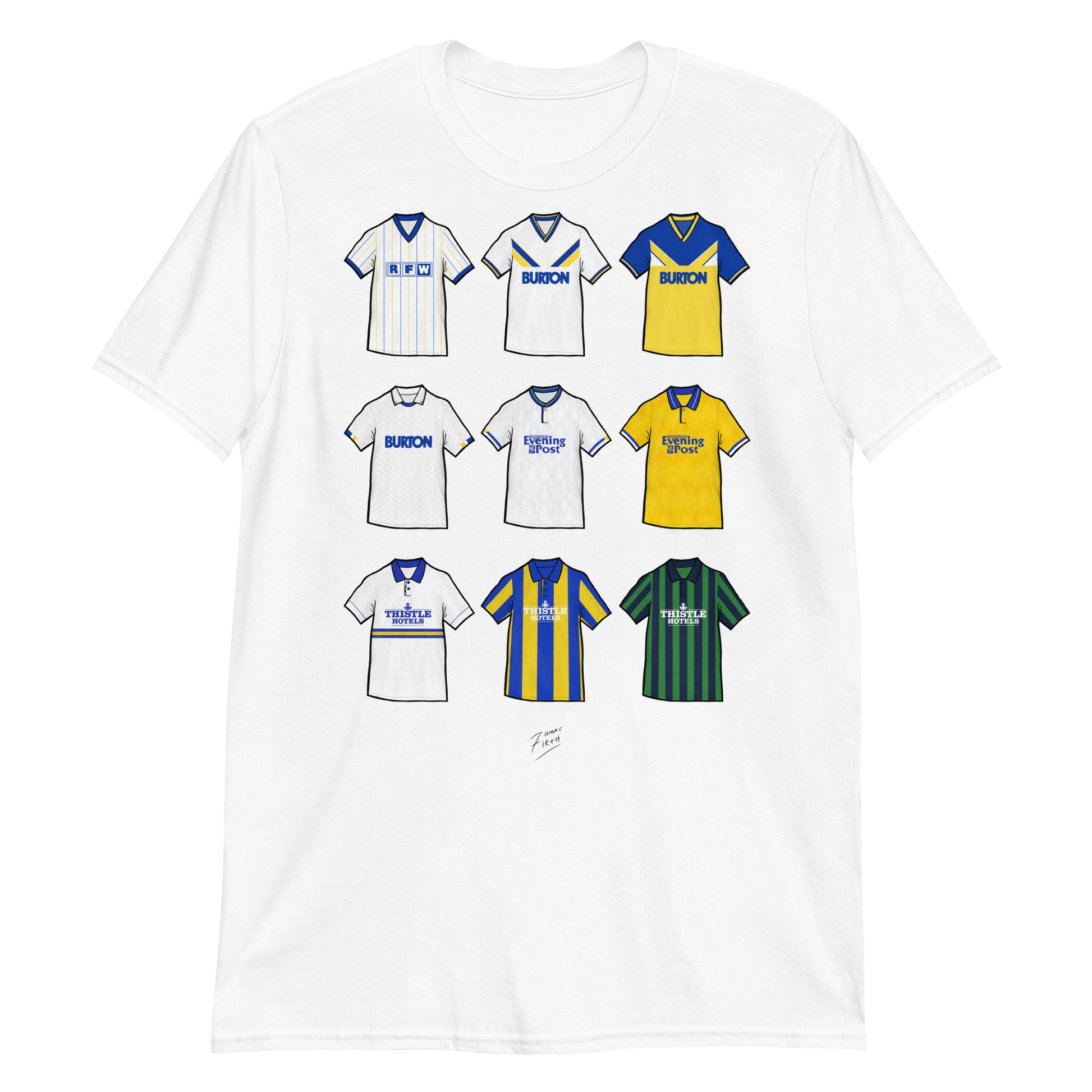 White Leeds United themed T-shirt featuring hand drawn retro shirts