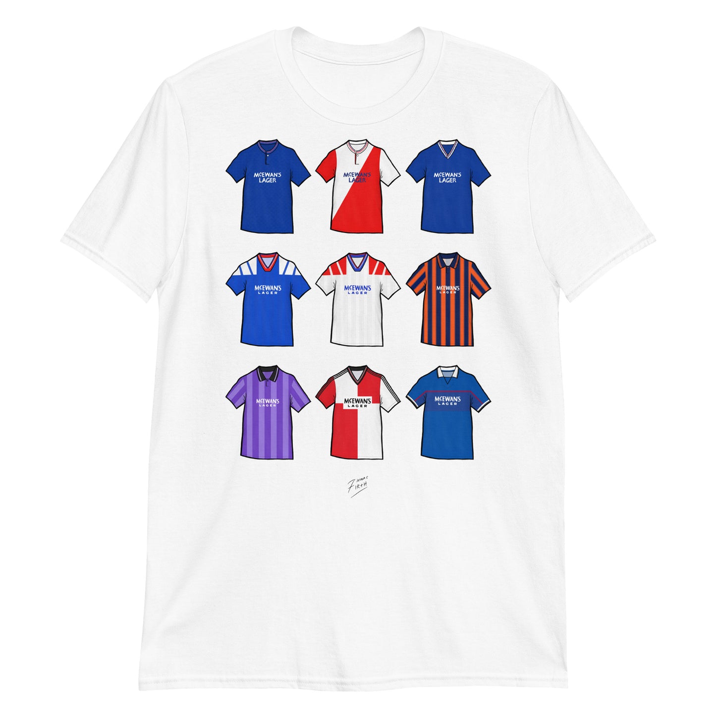 white Glasgow Rangers themed t-shirt which features artwork inspired by famous jerseys from the clubs history