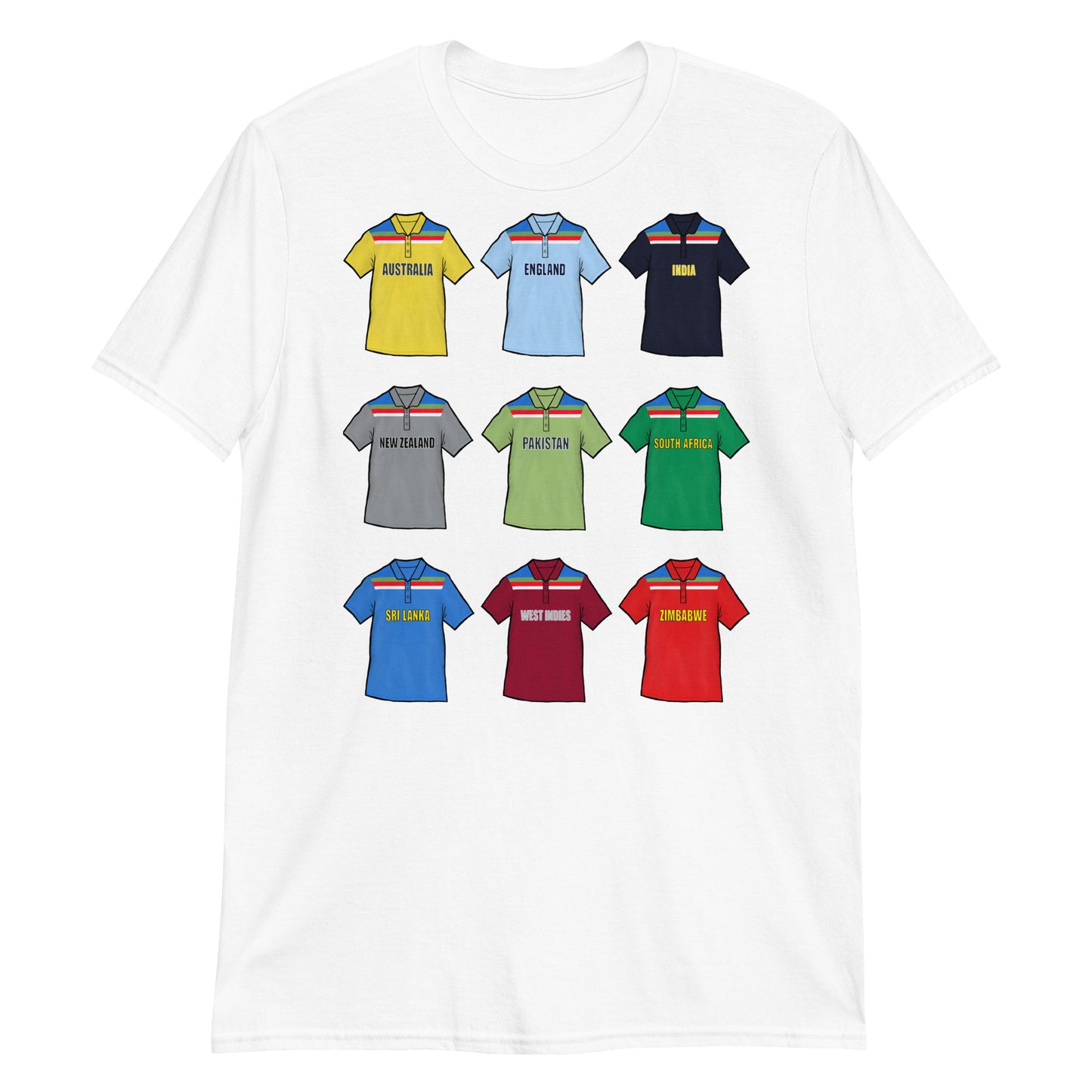 White Cricket T-shirt with illustrated artwork on them. Featuring nations Australia, England, India, New Zealand, Pakistan, South Africa, Sri Lanka, West Indies & Zimbabwe