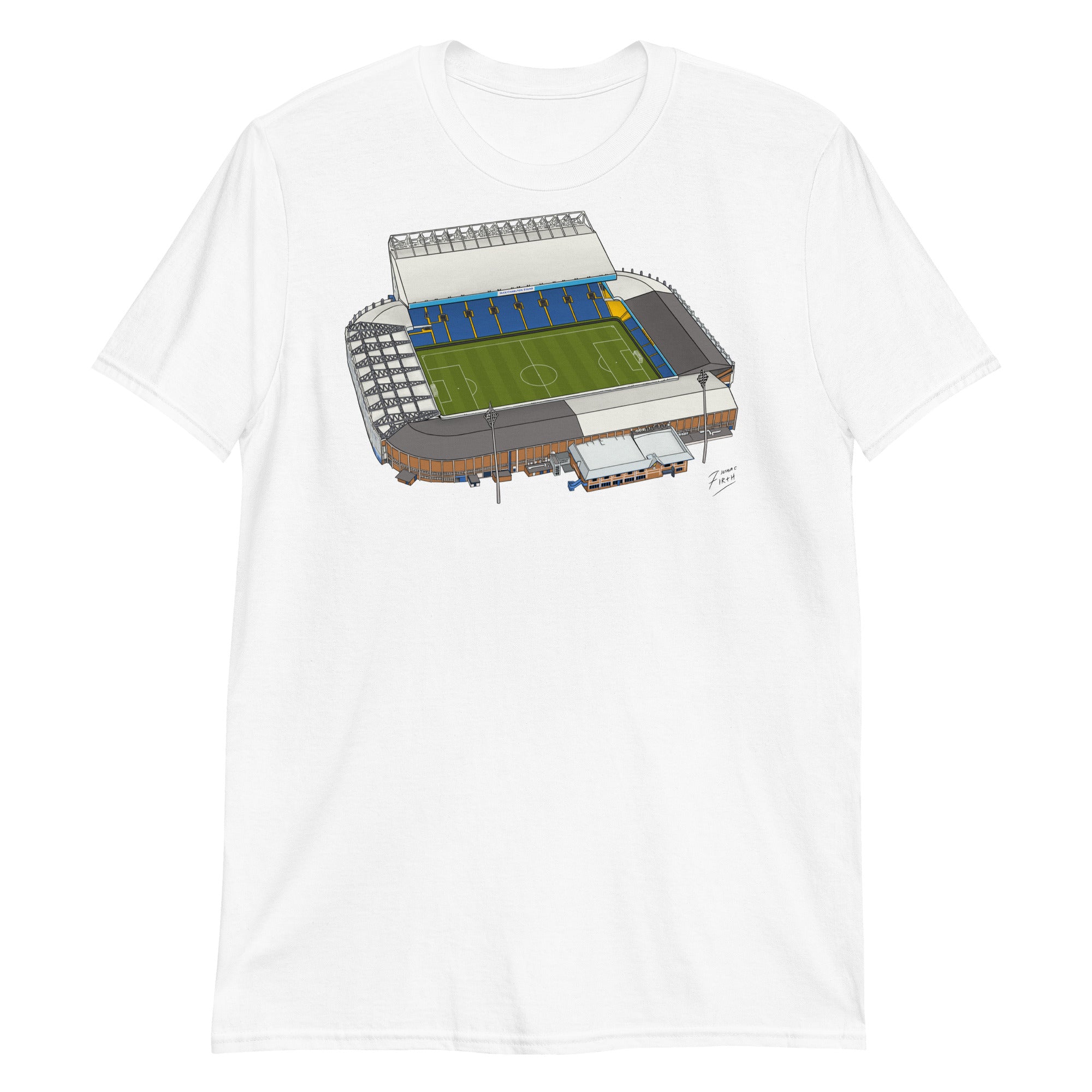White T-shirt inspired by the home of football in Leeds, Elland Road. A West Yorkshire favourite
